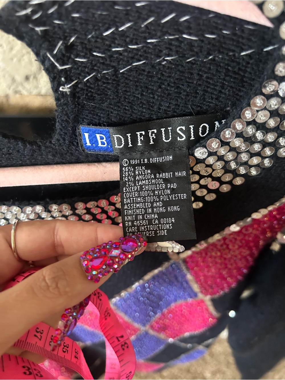 Vintage Retro IB Diffusion Studded Argyle Silk Angora Lambswool Sequin Sweater - Picture 5 of 6